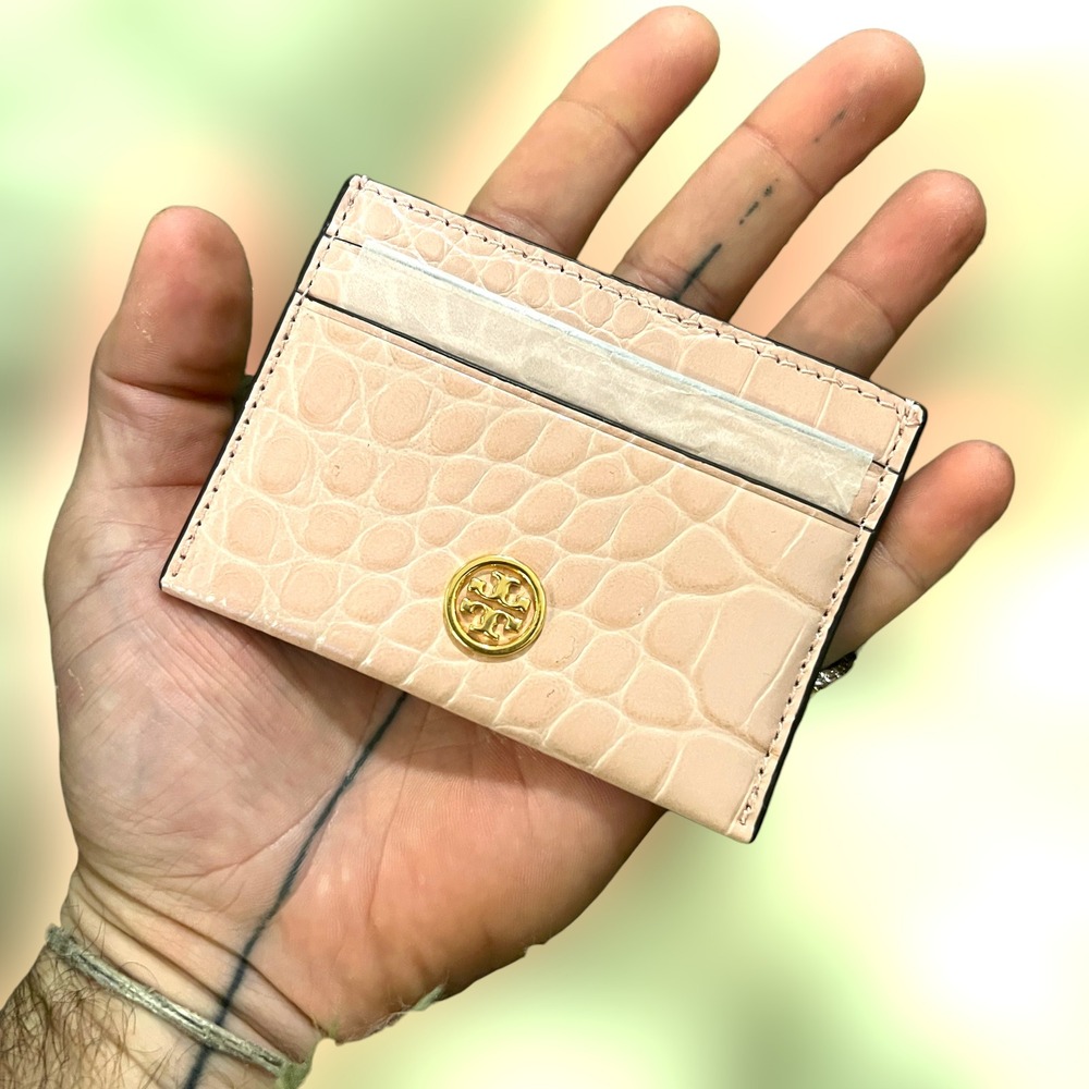 NEW Tory Burch Women‎ Card Case Pink Embossed Leather GOLD LOGO CROC SLIM WALLET